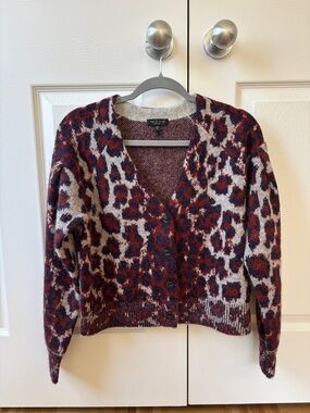 Rag & Bone Burgundy and Cream Leopard V-Neck Button Cardigan